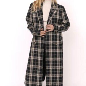 Sadie & Sage plaid long coat black and cream